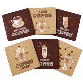 Inkdotpot Set of 6 Drink Coasters Decorative Non,Slip Cork Base 4-inch Square Printed Coasters Easy Clean- Coffee Quote
