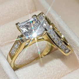 14k Gold Explosive Women's Square Diamond Zircon Ring Set Ring Cz Full Diamond Engagements Rings Wedding 14k Gold 2 PCS Rhinestone Ring Set Rings Jewelry Gift for Women Size 7