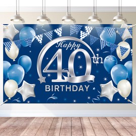 Jiusely 40th Happy Birthday Banner, 40 Blue Silver Party Decorations 180 x 110 cm, 40 Banner Decoration Photo Backdrop, 40th Blue Birthday Party Decorations for Men Women