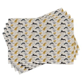 Lunarable Kittens Place Mats Set of 4, Funny Doodle Style Cats Drinking Milk, Washable Fabric Placemats for Dining Table, Standard Size, Eggshell Multicolor