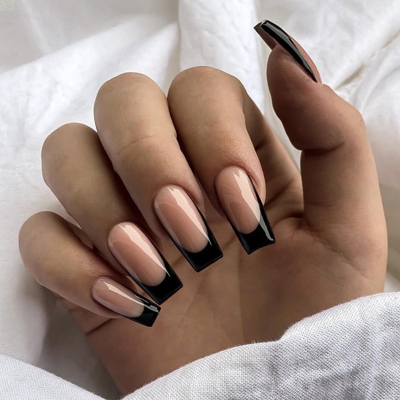 RUPOFUZA French Tip Press on Nails, Black French Tip Nails,