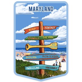 Die Cut Sticker Maryland, Signpost, Coast Beach with Umbrellas, Vinyl Sticker 1 to 3 inches (Waterproof Decal for Cars, Water Bottles, Laptops, Coolers), Small