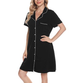 Vlazom Women Soft Nighties V-Neck Button Down Nightdress Classic Boyfriend Style Sleepshirt Relaxed Nightshirt Sleepwear Black,S