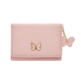 YAMEIZE Cute Purse Women Ladies Small Wallet Tri-fold with Butterfly Pendant Slim PU Leather Card Holder Coin Purses Pink for Girls