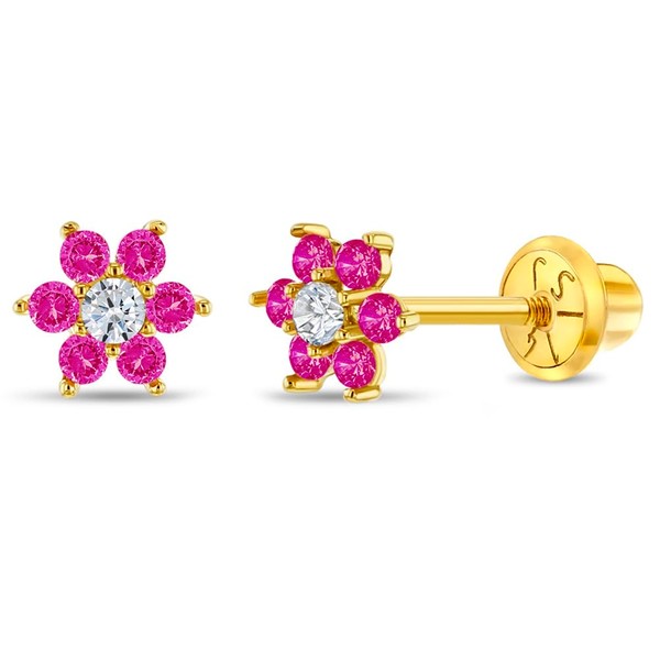 14k Yellow Gold Little Girl's Magenta Cubic Zirconia Flower Screw