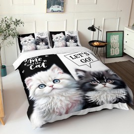 AILONEN Cat Duvet Cover Set Queen Size, Black and White Cat Bedding Set,Cute Pet Cat Comforter Cover Set for Boys Girls,3 Pieces Cat Lover Cat Duvet Cover Set, 1 Quilt Cover and 2 Pillowcases