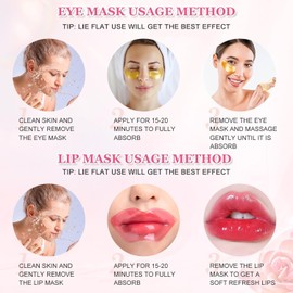 Punifengsi Gold Eye Mask And Pink Lip Mask,Natural Gel Eye Masks,Under Eye Gel Patches for Dark Circles,Eye Mask for Puffy Eyes,10 Pairs Gold Eye Mask And 10 Pcs Pink Lip Mask