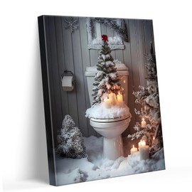 Sunwes Christmas Canvas Wall Art Festive Bathroom Decor Christmas Tree on Toilet with Candles Print Canvas, Rustic Holiday Wall Decor for Bedroom, Living Room Seasonal Decoration 11x14inch