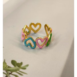 Acaprtg Heart Ring, 18K Gold Plated Stainless Steel Rings for Heart Jewelry, Adjustable Enamel Green Blue Pink Heart Ring for Y2K Jewelry, Stainless Steel, No Gemstone
