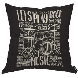 AOYEGO Music Rock Drums Throw Pillow Cover Let's Play Rock Pop Silhouette Graphic Studio Monochrome Pillow Case 18x18 Inch Decorative Men Women Room Cushion Cover for Home Couch Bed