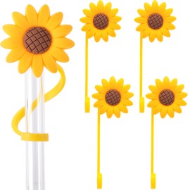 Pndeyo 5pcs Sunflower Straw Cover Cap, 8mm Diameter Silicone Straw Stopper Protector Plugs, Reusable Flower Straw Tips Dust Cap Accessories