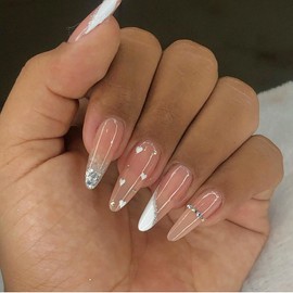 Medium Press on Nails Almond Fake Nails with White French Glitter Curved Rhinestone Charm Designs Glue on Nails Pink Acrylic Glossy Artificial False Nails Full Cover Nails for Women and Girls 24 Pcs