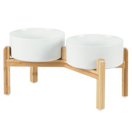 Havniva Ceramic Raised Double Bowls Set with Stand, Food & Water Bowls for Medium Breed Dogs, Weighted Dog Dishes, Pet Bowl(7.3'',41OZ, White)
