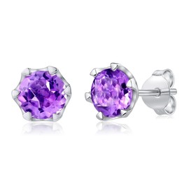 SILVEGO Women's Earrings 925 Sterling Silver with Genuine Amethyst 6 mm Stud Earrings, Sterling Silver, Amethyst