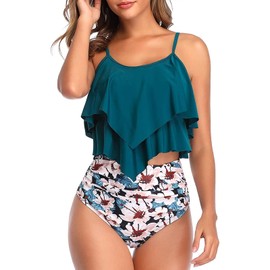 COOLIZ Traje de Baño Mujer Conjunto de 2 Piezas Bañador de Cintura Alta Estampado Flor Volante para Playa Piscina