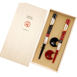 Wajima-nuri Issou, Evening Waiting Moon, Couple Chopsticks and Chopstick Rest - Kazakura Set, Paulownia Box Included