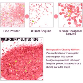 HEMOER 100g Holographic Glitter, Cosmetic Mixed Hexagon Chunky & Fine Craft Glitter Resin Sequins for Epoxy Glass, Resin Art, Body, Hair, Face, Nail, Slime, Tumblers, Festival Party - Pink
