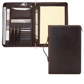 Geslun Genuine Leather 3 Ring Binder Portfolio, 8.5 x 14 Legal Size Pad Holder, Hidden Handle, Zippered Padfolio with 15” Laptop Organizer, Professional Business Folio for Men Women, Dark Brown