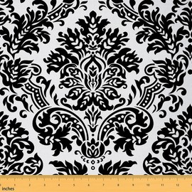 Feelyou Damask Fabric by The Yard, Vintage Style Classical Upholstery Fabric for Chairs, Boho Baroque European Floral Decorative Fabric for Upholstery and Home DIY Projects, 1 Yard, White and Black