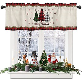 Cenefa de Navidad para ventana, diseño de árboles de pino y acebo, bolsillo para cortinero, 1 panel, copos de nieve, a cuadros, tratamientos de ventana para cocina, baño, recámara, 137 x 45 cm