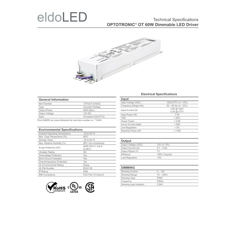 eldoLED | 2743UT OPTOTRONIC® OT 60W Dimmable LED Driver |