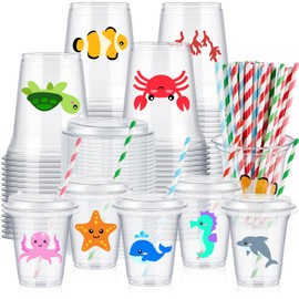 FoldTier 60 Set Under The Sea Plastic Cups Bulk 14 oz Disposable Clear Cups with Lids and Paper Straws for Summer Sea Beach Pool Birthday Party Favor Supplies Decorations