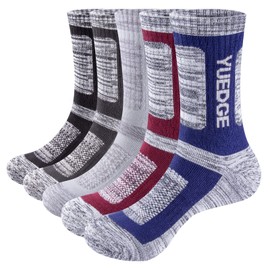 YUEDGE Men's Work Boot Socks 5Pairs/Pack Performance Moisture Wicking Cotton Heavy Cushion Crew Sports Athletic Hiking Socks(Multicolor, Size 7-9)