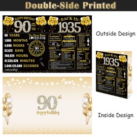 Kuxriox Large 90th Birthday Card With Envelope, Black Gold Happy 90th Birthday Giant Guest Book Gifts for Men Women, Giant Ninety Bday Card Gifts Party Supplies, Back in 1935 Jumbo 90 Bday Card