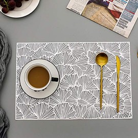 Hosoncovy 4 Pack Ginkgo Biloba Decorative Placemats Rectangle PVC Hollow Table Place Mats Heat Resistant Non-slip Dining Placemats Leaf for Home Kitchen (Silver)