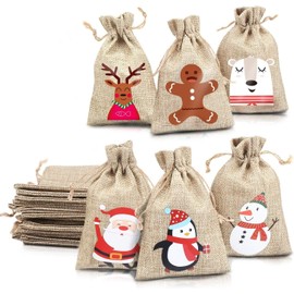 LOKIPA Christmas Jute Burlap Bags, Xmas Jute Linen Burlap Drawstring Gift Treat Candy Bag for Xmas Favors (24)…