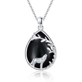 Wolf Necklace Sterling Silver Black Agate Chain Wolf Necklace Wolf Pendant Gifts Christmas for Women Teenager Girls, Sterling Silver
