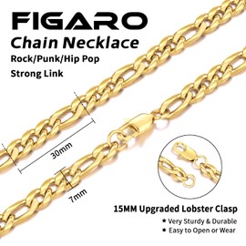 Jewlpire Gold Chain for Men, 7mm Gold Chain Mens Figaro Chain Necklaces for Men, 14k Plated Gold Necklace Men, Sturdy Mens Necklace 24 inches