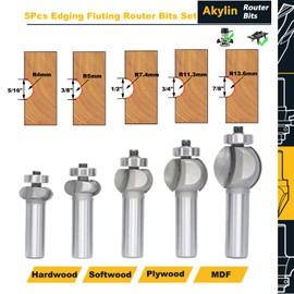 Akylin 5Pcs Edging Fluting Bits Set,1/2" Shank, Concave Sunk Bead Router Bits Radius R4mm,R5mm,R5mm,R11.3mm,and R13.6mm,Bearing Guided Decorative Edge Bits for Wood Profiling,Molding
