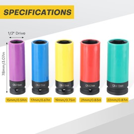 Acymner Ultimate Wheel Protector Impact Socket Set | 1/2 Inch Drive Lug Nut Socket, Non-Marring Thin Wall Design, CR-MO Alloy, Color-Coded Protective Sleeve, 6-point(15 17 19 21 22 mm)