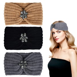 Pack of 3 Winter Women's Headband Cable Knitted Headband Chunky Knit Sequins Beads Flowers Thick Hair Band Ear Warmers Elastic Headwrap Headbands Ear Warmers for Outdoor Style A