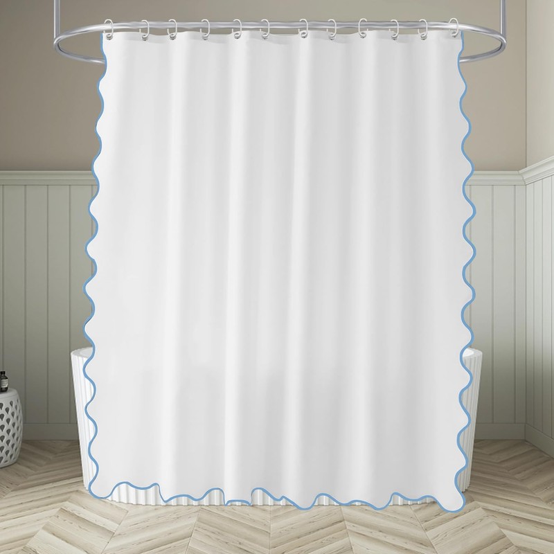 TheBlackSpot Small Stall White Boho Shower Curtain with Scalloped Border