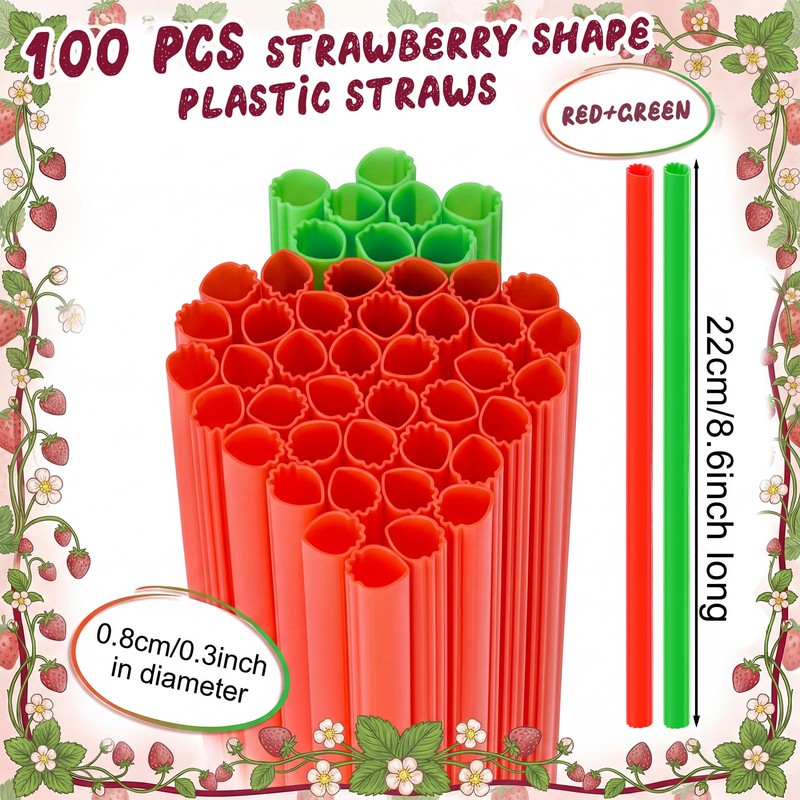 100 Pcs Strawberry Shape Plastic Straw Sweet Fruit Theme Disposable