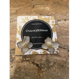 Flower Stud Earrings, White Enamel Petals, Gold Trim