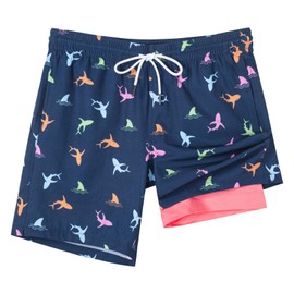 SURF CUZ Mens Rainbow Dolphins 7" Quick Dry Board Shorts with Compression Liner, Zipper Pockets, Adjustable Waist, Snug Fit