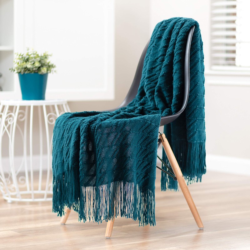 Chanasya Teal Throw Blanket with Tassels - Acrylic Knitted Super