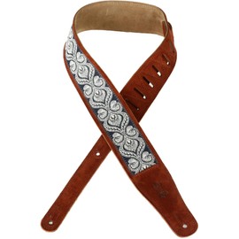 2 1/2" Suede Leather Guitar Strap with Suede Leather Backing. Woven Fabric Overlay. Adjustable from 43" to 55". Two-ply Rust Color Suede Top and Natural Suede Back.