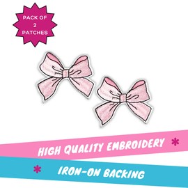 Embroidered Pink Coquette Bow Patch, 2.5" x 2.25", Pink, Iron-On for Hats, Bags, Jackets, 2-Pack