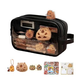 BEANPRECOY Capybara Pencil Case, Cute Clear Pencil Case, Large Capacity Zipper Pencil Pouch, Kawaii Pencil Bag, Capybara School Supplies with Brooch, Stickers, Pendant, Doll, Memo Pad (Black)