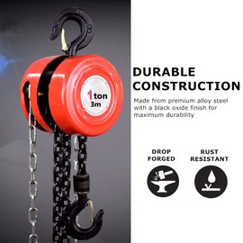 glorousamc Manual Chain Hoist | 1 Ton/2000 lbs Capacity | 10' Lift | 2 Hooks | Manual Hand Lift Steel Chain Block Hoist (1T-Red)