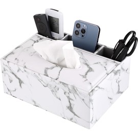 DAOZUN Modern Rectangular White Polyurethane (PU) Tissue Box Cover - Multifunctional Organizer with Stationery Remote Control Box for Home/Office/Car/Restaurant
