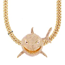 Xikui Diamond Necklace Chain, 18K Gold Plated Hip Hop Shark Pendant with Cuban Chain Width 13MM Length 19.7in(50cm) for Men/Women(gold)