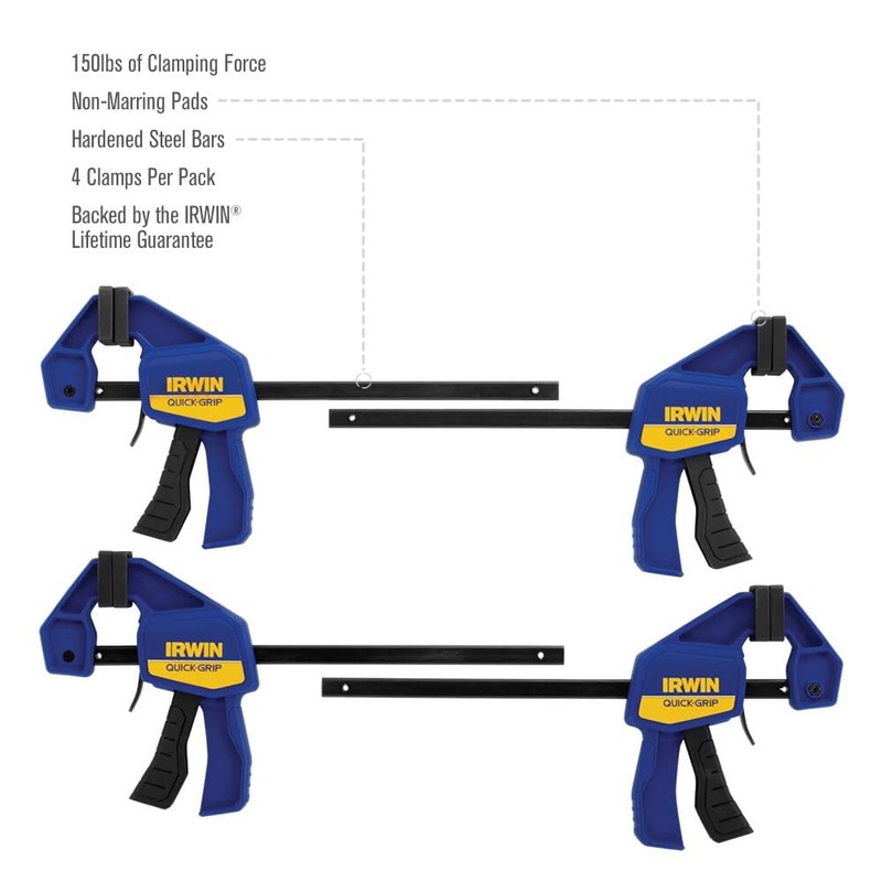 IRWIN QUICK-GRIP 1964758 One-Handed Mini Bar Clamp 4 Pack, 6"