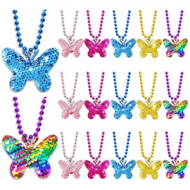 CiciBear 15 Pack Double-Deck Butterfly Sequin Necklace Party Favors with Mardi Gras Beads for Butterfly Theme Party Decor,Girls Birthday Baby Shower Wedding Return Gifts, 5 Colors