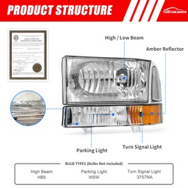 ADCARLIGHTS Headlight Assembly Compatible with 1999-2004 Ford F-250/350/450/550 Super Duty Chrome Housing Clear Lens Amber Reflector Passenger and Driver Side