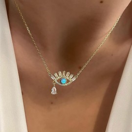 TseenYi CZ Evil Eye Necklace Gold Evil Eye Pendant Necklace Sparkling Rhinestone Pendant Necklace Turquoise Eye Pendant Choker Necklace Teardrop Crystal Jewellery for Women Girls